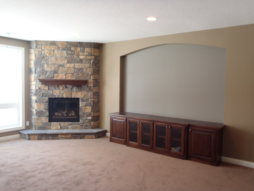 lower level of new home in Plymouth, Stone fireplace in Plymouth