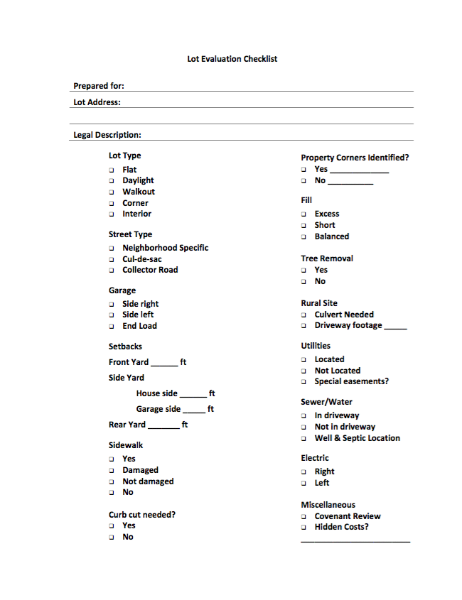 Lot Evaluation Checklist