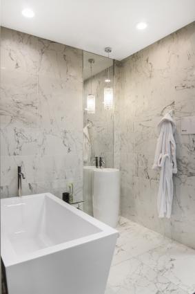 Marble bath with freestanding tub image from The Tile Shop