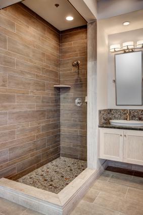 Faux Wood tile lined shower from The Tile Shop