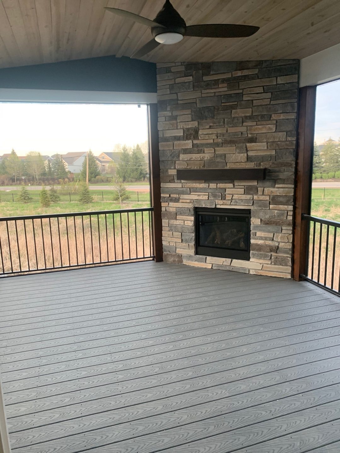 deck with angled fireplace